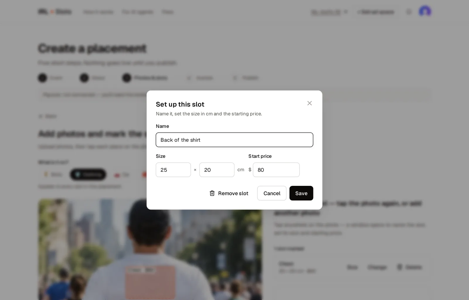 Set up a slot: name, size and start price