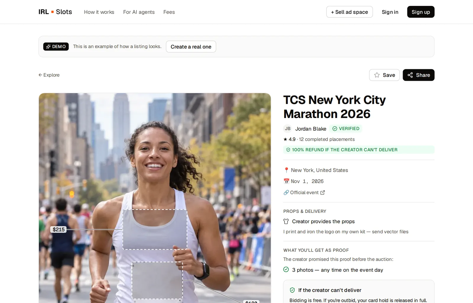 A listing with marked ad spots